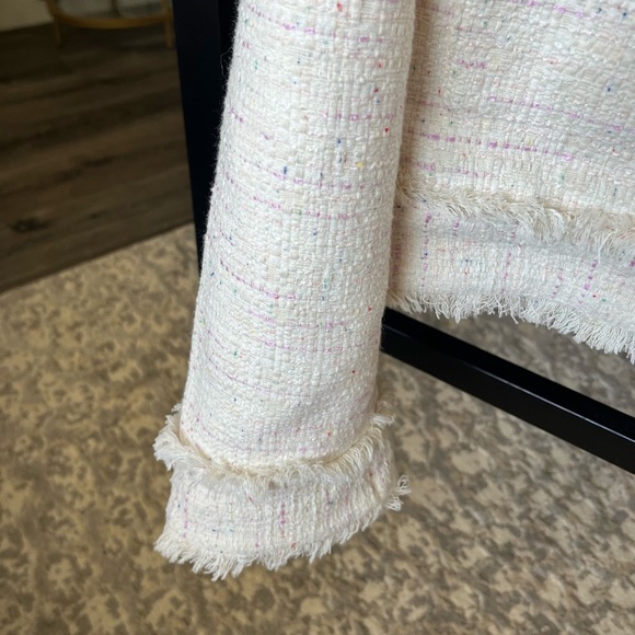 NWT Express Fringe Tweed Novelty Button Cropped Jacket Blazer, Beige / Pink, XL - Picture 3 of 9